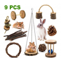 Guinea Pig Toys 9Pcs Natural Wooden  Pine Hamster Chew Toys Accessories Dumbbells Exercise Bell Roller Teeth Care Toy Rabbit