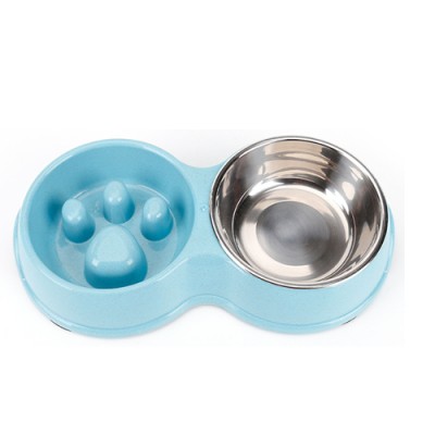 New Arrival Natural Straw Plastic Double Paw Shaped Dog Slow Feed Bowl Stainless