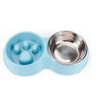 New Arrival Natural Straw Plastic Double Paw Shaped Dog Slow Feed Bowl Stainless