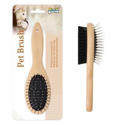 Eco Friendly Natural Wooden Double Sided Pet Hair Brush With Soft Needles & Wool